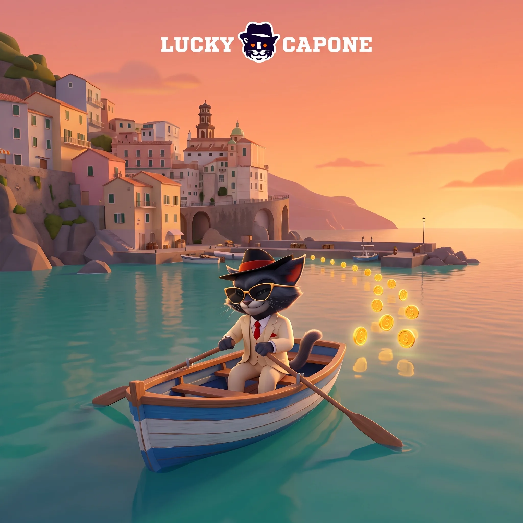 Lucky Capone in barca con una scia di monete nel porto di Amalfi