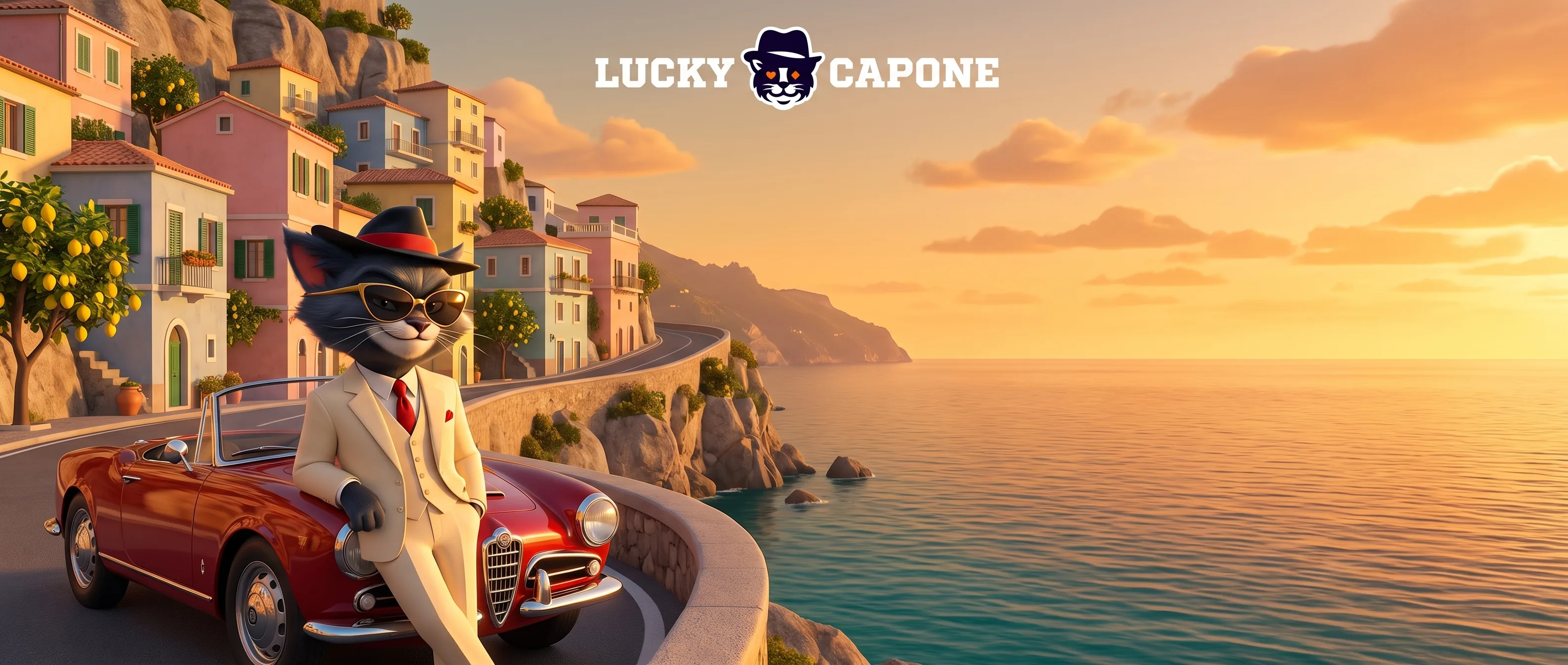 Lucky Capone accanto a una cabriolet sulla costiera amalfitana